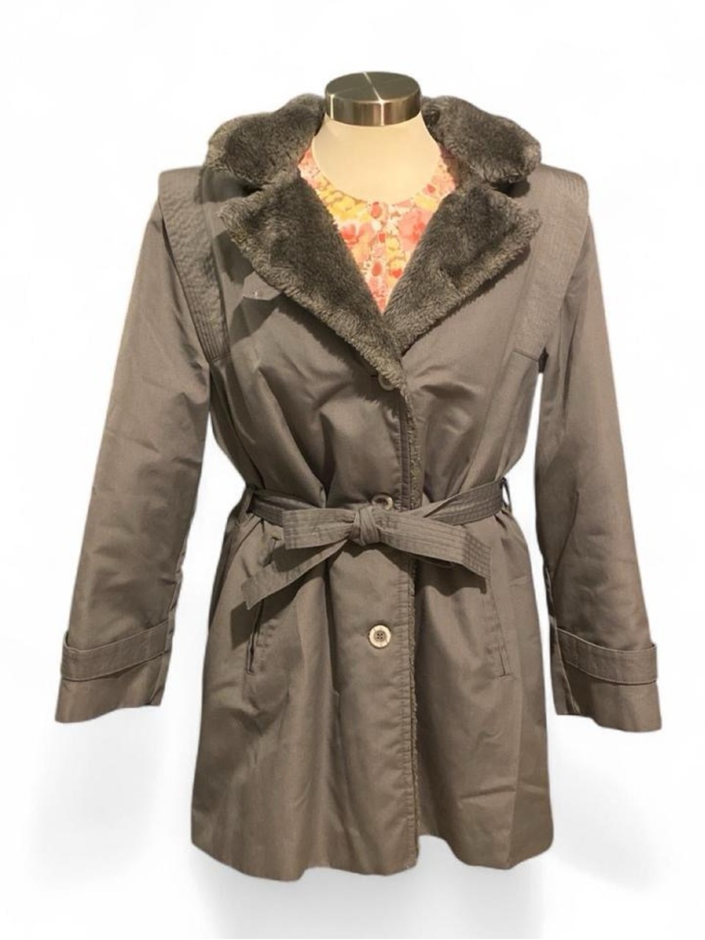 Women's Gray Faux-Fur Collar Trench Coat with Belt and Removable Hood